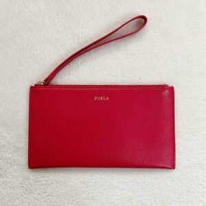 Furla Red Saffiano Leather Wristlet Clutch Wallet Zip Pouch Card Slots